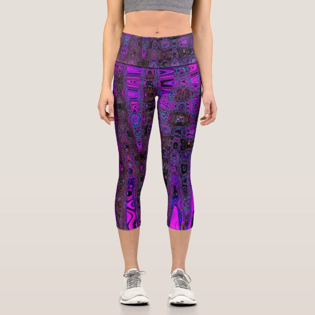Leggings Capri Trippy violet et noir rétro ondes atomiques (Recto)