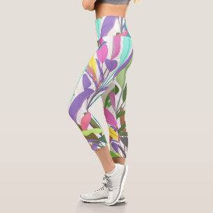 Leggings Capri Tropical Colorful Banana Leaves White Pattern