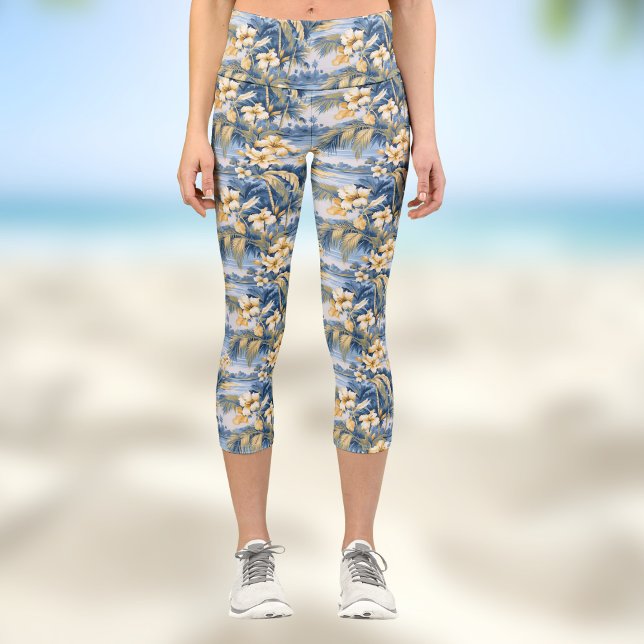 Leggings Capri Tropical Hawaiin Yellow Hibiscus Flowers on Blue  (Créateur téléchargé)