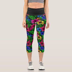 Leggings Capri Tropical rose rouge bleu jaune Hibiscus Fleur
