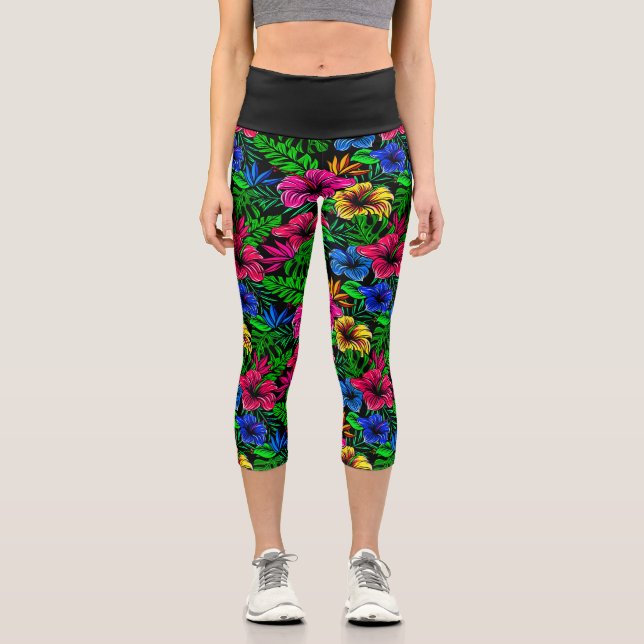 Leggings Capri Tropical rose rouge bleu jaune Hibiscus Fleur (Recto)