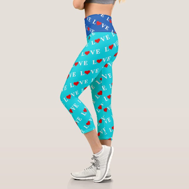 Leggings Capri Turquoise Aqua Blue Love Moderne Élégant Design (Gauche)