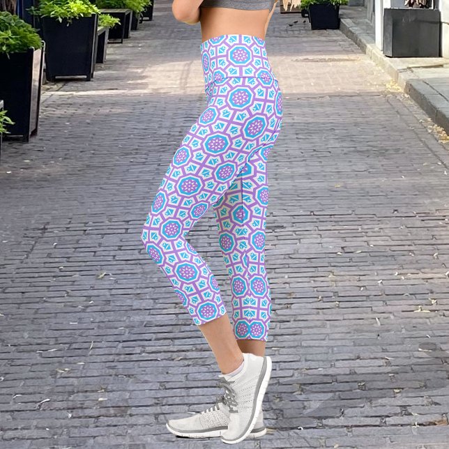 Leggings Capri Turquoise blanc & violet Elégant Motif géométrique (Créateur téléchargé)