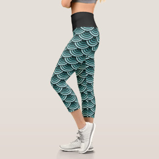 Leggings Capri Turquoise Blue Green Wave Circles Art Motif
