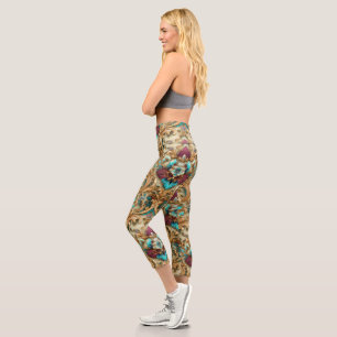 Leggings Capri Turquoise et or Damassé orné