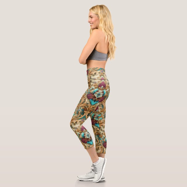 Leggings Capri Turquoise et or Damassé orné (Gauche)