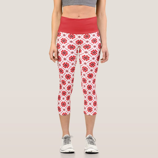 Leggings Capri Ukrainien folk Motif géométrique Rouge Noir Blanc (Recto)