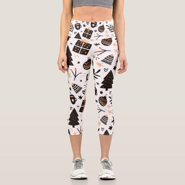 Leggings Capri Un Motif de Noël noir et blanc (Recto)