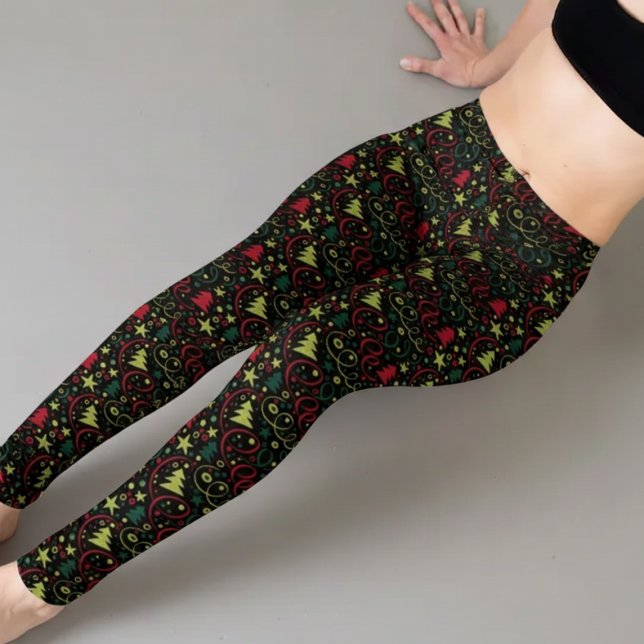 Leggings Capri Vacances festives de Noël (Retro colorful Christmas tree leggings! Funky festive fashion with stars, swirls & holiday fun!)