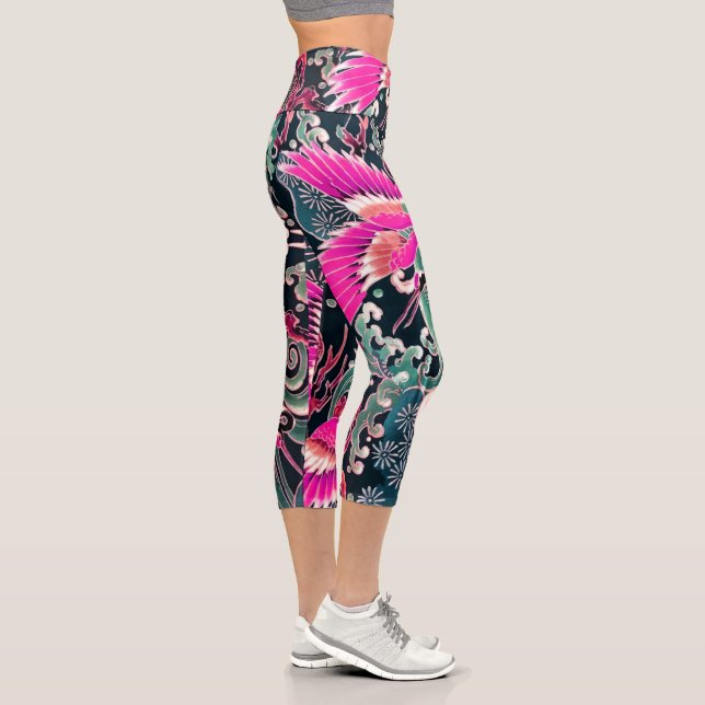 Leggings Capri VAGUES DE CRANES VOLANTES, FLEURS Rose Floral Japo (Droite)