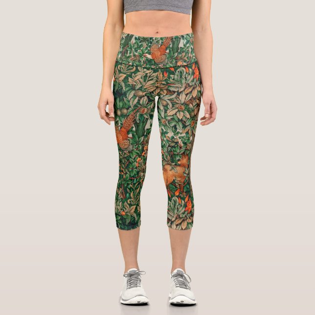 Leggings Capri VERDURE, ANIMAUX FORESTIERS Pheasant, Fox, Vert Fl (Recto)