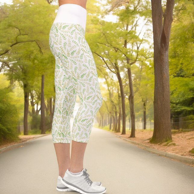 Leggings Capri Vert Jaune Nature Fern Feuille Motif sur blanc (white top carpi leggings fern pattern)
