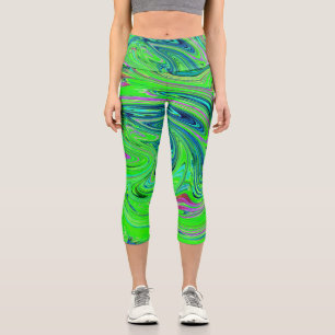 Leggings Capri Vert lime et bleu Groovy Art Abstrait Rétro