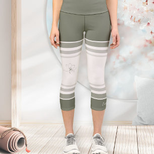 Leggings Capri Vert Sauge Ivoire Floral Art Linéaire Rayures Athl
