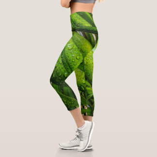 Leggings Capri Verts tropicaux avec gouttes de pluie