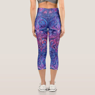 Leggings Capri Vibrant bleu rose et violet Mandala Paisley Yoga