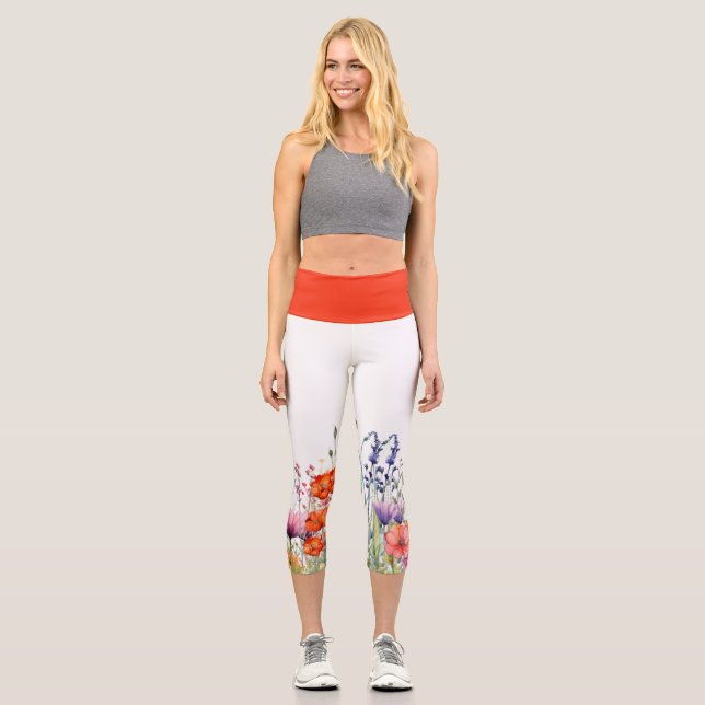 Leggings Capri Vibrant Watercolor Wildflowers Yoga (Recto)