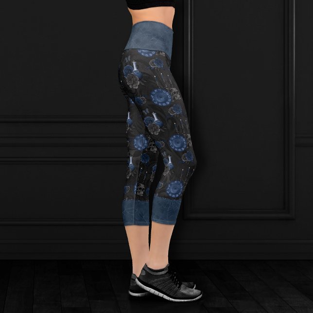 Leggings Capri Zodiaque magic | Dark Navy Blue Gothic Skull (Créateur téléchargé)