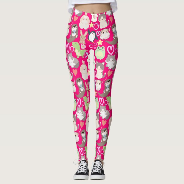Leggings Caractères de dessin mignon motif B rose BG (Devant)