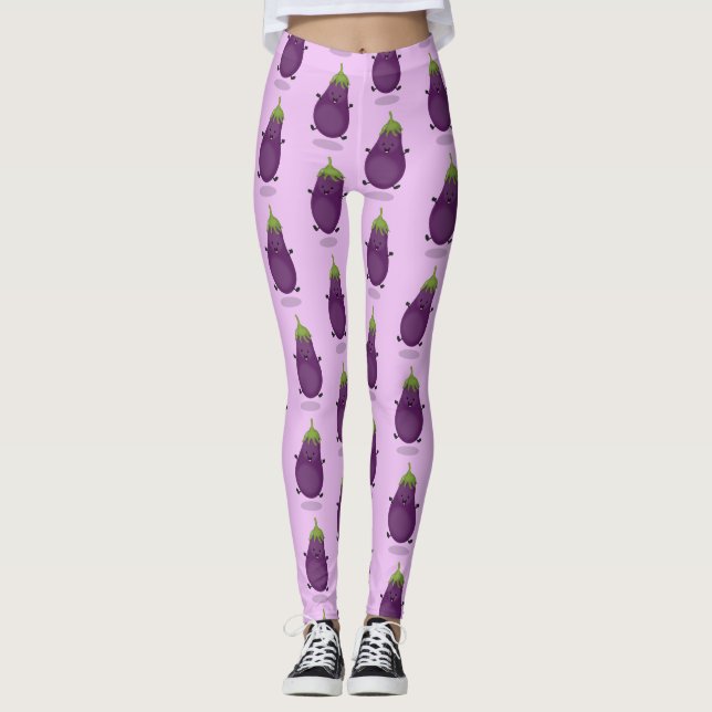 Leggings Caricature d'aubergine d'aubergine joliment heureu (Devant)