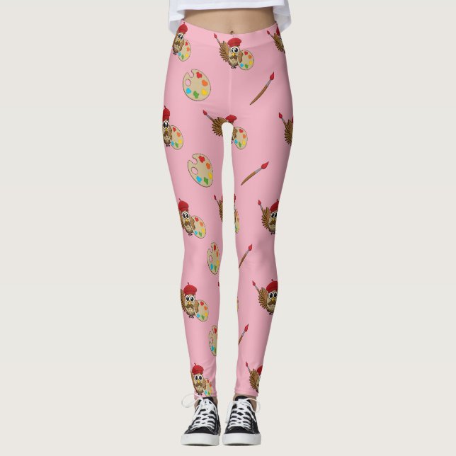 Leggings Caricature de Chouette Peintre Cute (Devant)