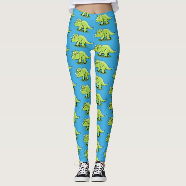 Leggings Caricature de dinosaure de triceratops vert mignon (Devant)