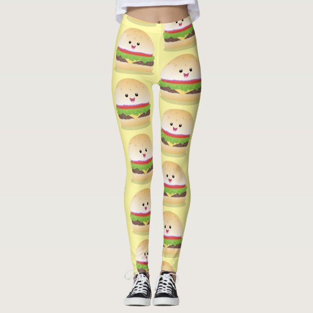 Leggings Caricature de hamburger kawaii joyeux (Devant)