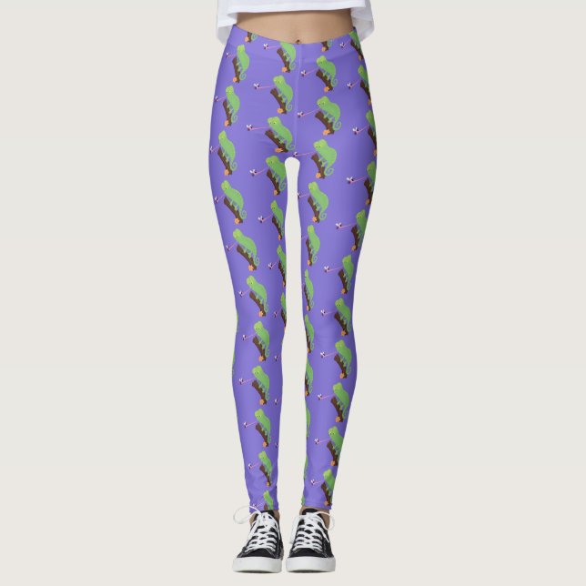 Leggings Caricature de lézard de caméléon vert joyeux (Devant)