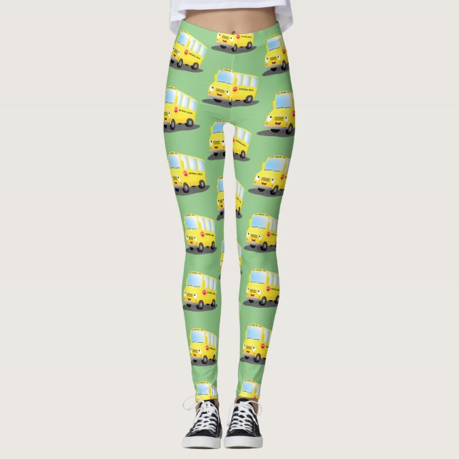 Leggings Caricature du bus scolaire jaune joyeux (Devant)