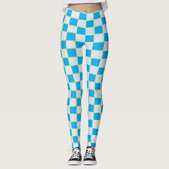 Leggings Carré Yoga élégant Bleu Blanc & Gold Checker (Devant)