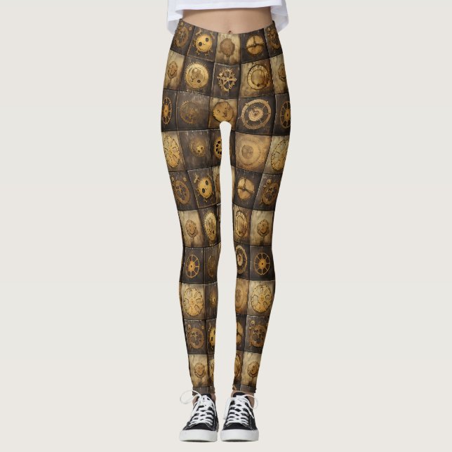 Leggings Carreau de motif mécanique Steampunk or bronze (Devant)