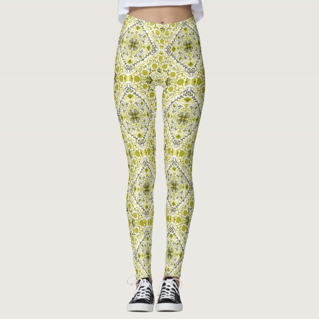 Leggings Carreaux de fleurs en vert (Devant)