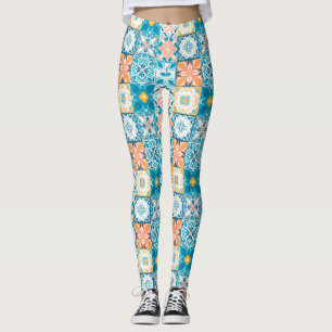 Leggings Carrelage orange et bleu