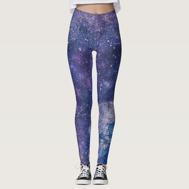 Leggings Carte du monde antique étoilée violette (Devant)