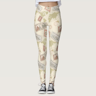 Leggings Carte du monde de timbres-poste vintage Voyage