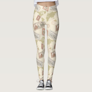 Leggings Carte du monde de timbres-poste vintage Voyage (1)