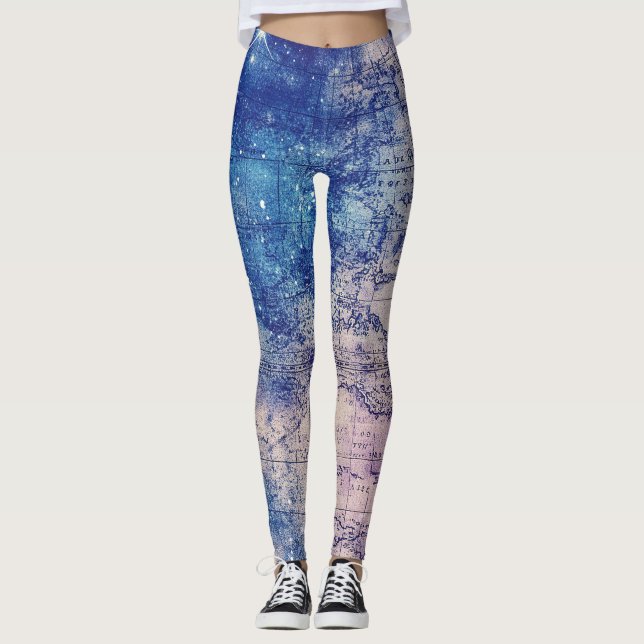 Leggings Carte du monde vintage violet céleste (14) (Devant)