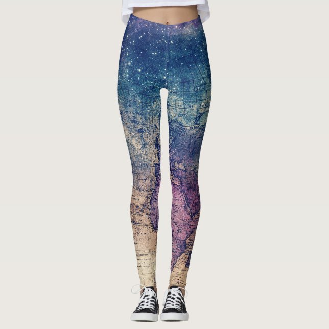 Leggings Carte vintage du monde céleste pourpre (13) (Devant)