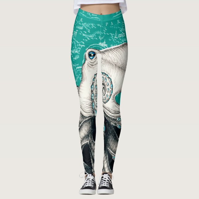 Leggings Carte Vintage Turquoise Octopus blanc (Devant)