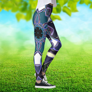 Leggings Carton Mandala Flower bleu violet noir et blanc