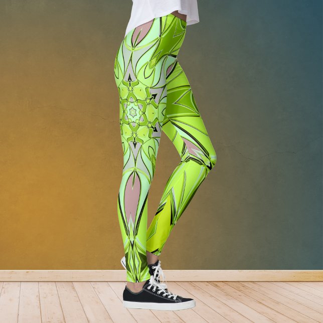 Leggings Carton Mandala Flower vert et rose (Créateur téléchargé)