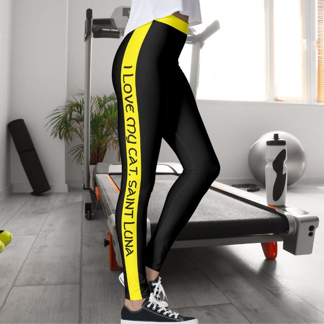 Leggings Cat Mom Pet Lover Script Text Yellow Stripes Black (Créateur téléchargé)