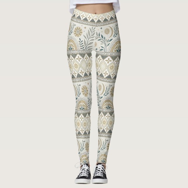 Leggings Céleste Botanique Folk Art Motif sans couture (Devant)