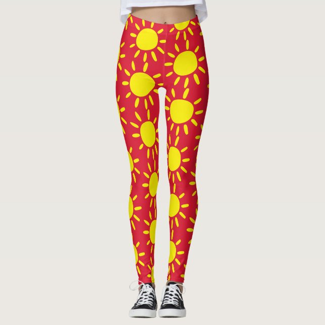 Leggings Cercles Abstraits De Rayons Solaires Rouges Et Jau (Devant)