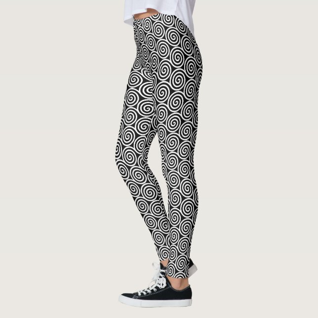 Leggings Cercles Spirales Abstraits Élégants en Noir et Bla (Gauche)