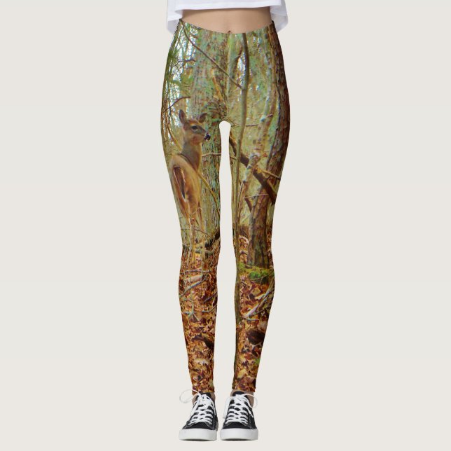 Leggings Cerf dans le bois. Pantalon Camo Camouflage stretc (Devant)