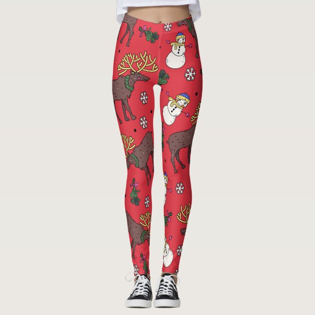 Leggings Cerf de Noël de fête : Motif de neige (Devant)
