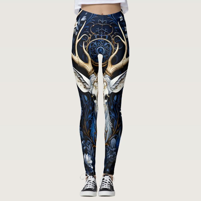 Leggings Cerf gothique floral céleste de minuit  (Devant)