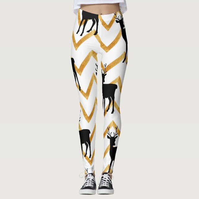 Leggings Cerf noir, motif de texture or. (Devant)
