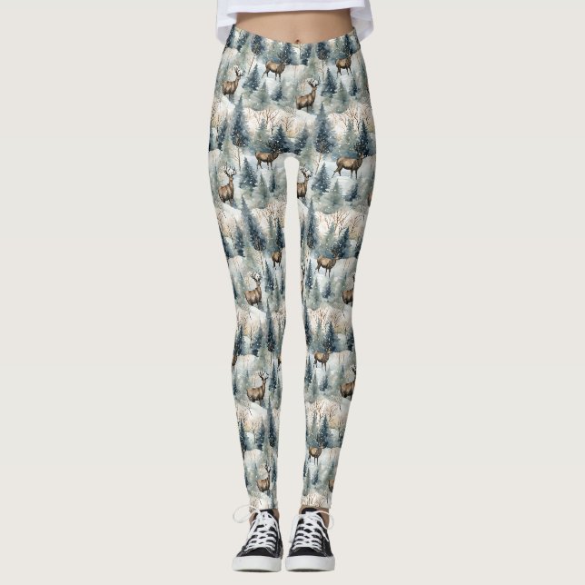 Leggings Cerfs de la forêt aquarelle d'hiver (1) (Devant)